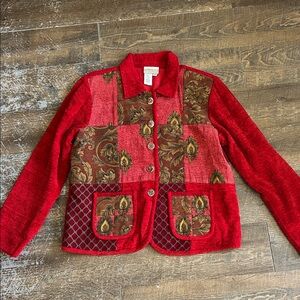 Coldwater Creek red patchwork button-front jacket tapestry and quilted Med P